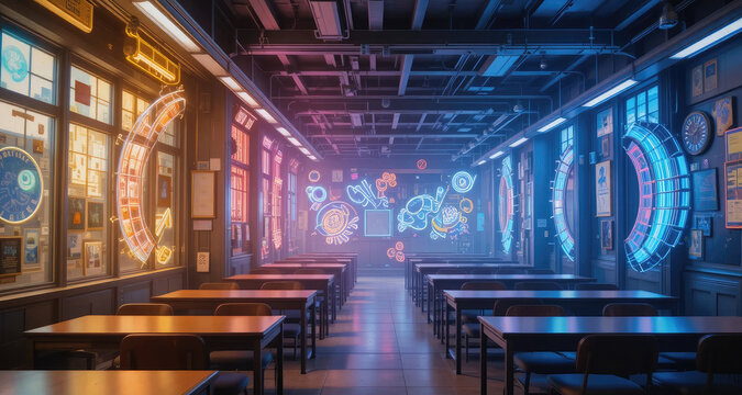 Retro Cyberpunk Diner Interior with Neon Lights and Empty Tables