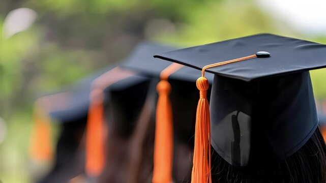 Row of graduation caps with orange tassels, blurred greenery in the background.