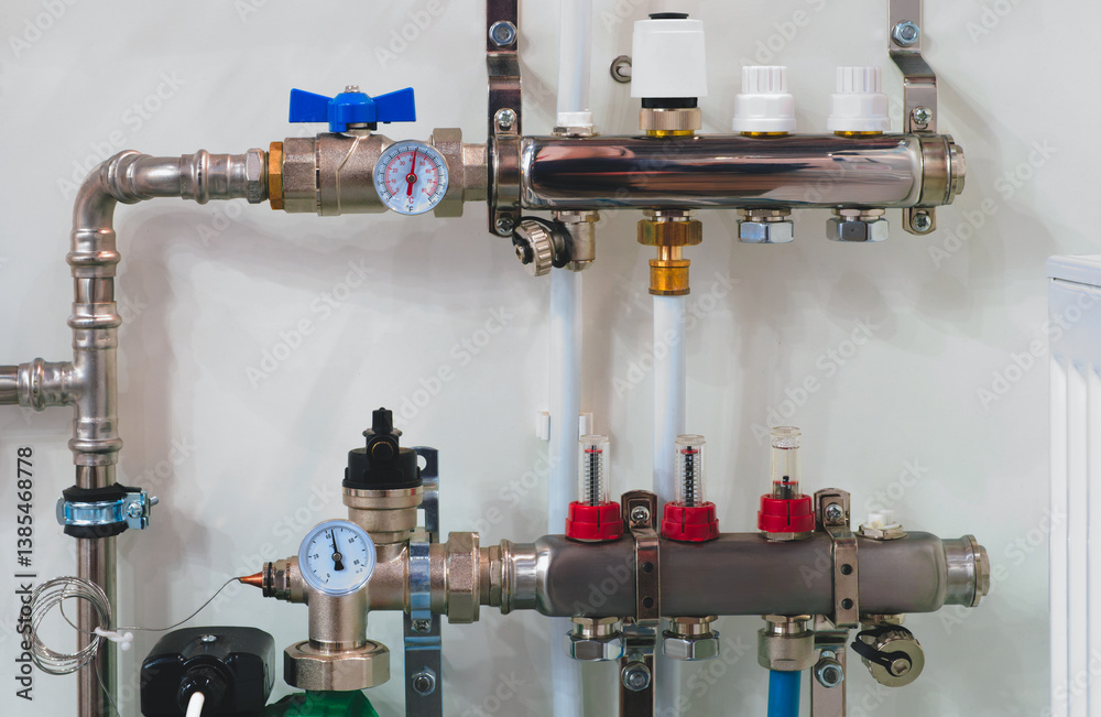 Poster a pipe with a red and white valve and a white and red valve. the valves are connected to a pipe with