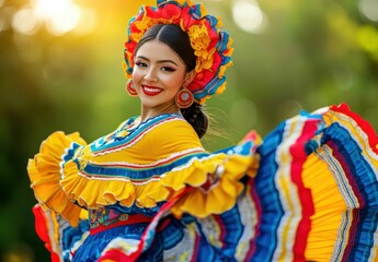 Cinco de mayo, A photo of a joyful Mexican woman in traditional attire, wearing a yellow and blue dress with red accents, performing the Spanish dance Chachacha while smiling at the camera