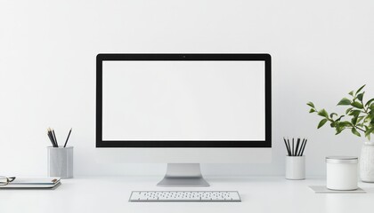 Fototapeta premium A modern workspace featuring a sleek desktop computer with a blank screen, surrounded by organized stationery and greenery, creating a serene and productive environment