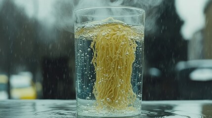 Ramen noodles boiling in glass, rainy day outdoors