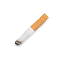 One cigarette butt isolated on white, top view. Smoking habit