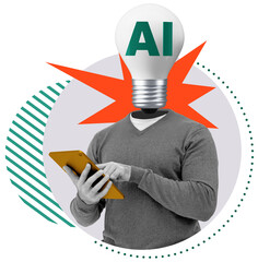 Man with light bulb as head labeled AI using digital tablet, collage style, isolated on white...