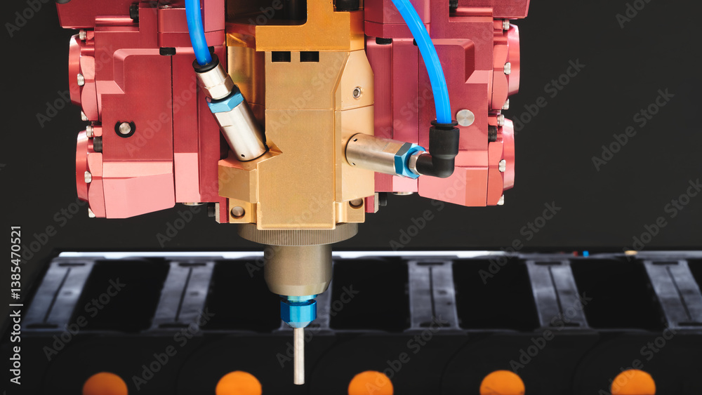 Fototapete a machine with a red and gold casing is spraying a substance. the machine is surrounded by a black b
