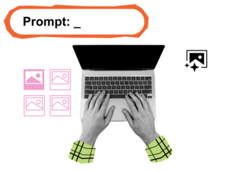 Hands typing on laptop keyboard with prompt bubble, image thumbnails and icons, collage style on white background, concept of visual content creation