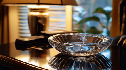 Crystal bowl with incense smoke on a desk