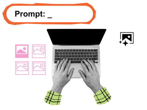 Hands typing on laptop keyboard with prompt bubble, image thumbnails and icons, collage style on white background, concept of visual content creation