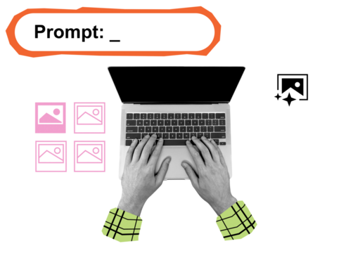 Hands typing on laptop keyboard with prompt bubble, image thumbnails and icons, collage style on white background, concept of visual content creation