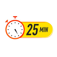 25 minute Timer, clock, stopwatch isolated icons. Countdown timer symbol. Label cooking time. Minute timer, Time measure, Chronometer, Alarm, Kitchen timer, label, sticker, stamp. Vector illustration