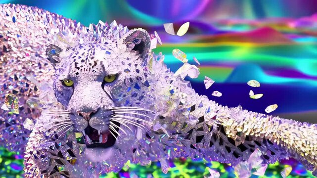 Crystalline leopard leaps through surreal neon dreamscape with glowing eyes and shattered prism fragments

