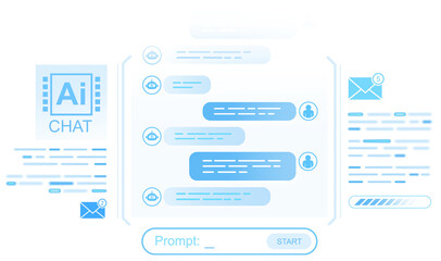 Futuristic AI chatbot interface window showing digital message exchange, flat style, on white background. Concept of artificial intelligence messaging