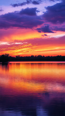 Sunset Serenity: A tranquil lake mirrors a breathtaking sunset, with vibrant hues painting the sky. The water's gentle ripples reflect the dynamic clouds, a scene of perfect peace. 