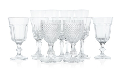 Many empty clean glasses isolated on white