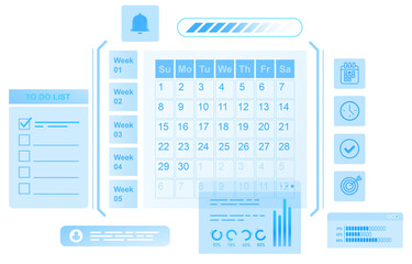 Digital calendar interface with weekly planner, progress charts, to-do list layout shown in isolated style on white background. Concept of organization