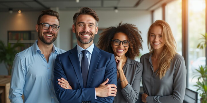 Young group people. Bright modern office, real estate team manager, latin person career goal. Man formal suit, casual male job Smiling woman curly, indoor ceo room. Happy banker boss. Staff unity work - Powered by Adobe