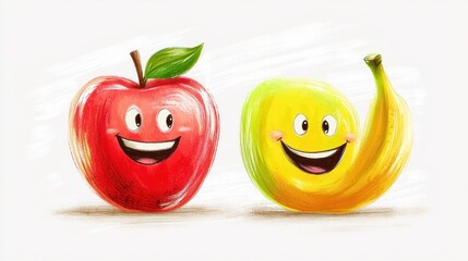 Happy apple and banana on white background
