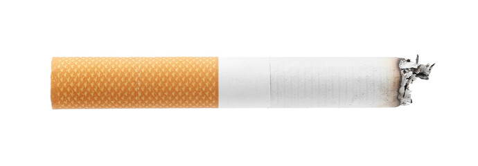 One cigarette butt isolated on white. Smoking habit