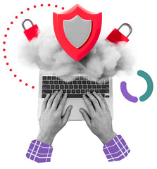 Hands typing on laptop with red shield and padlocks above cloud, collage style on white background. Concept of cybersecurity and data protection