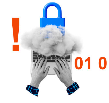 Human hands typing on laptop surrounded by cloud with blue padlock, binary digits, and exclamation mark, collage style on white background, symbolizing data safety