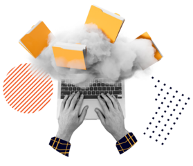 Hands on laptop keyboard with cloud and flying folders, modern collage style, isolated on white background, concept of cloud computing and data management