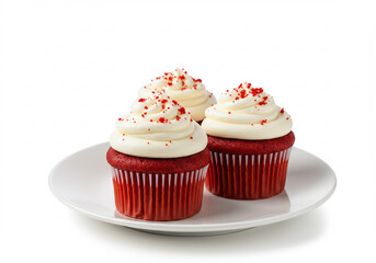 Three Red Velvet Cupcakes with Cream Cheese Frosting on White Plate