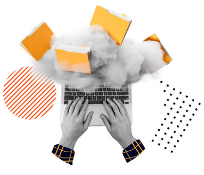 Hands on laptop keyboard with cloud and flying folders, modern collage style, isolated on white background, concept of cloud computing and data management