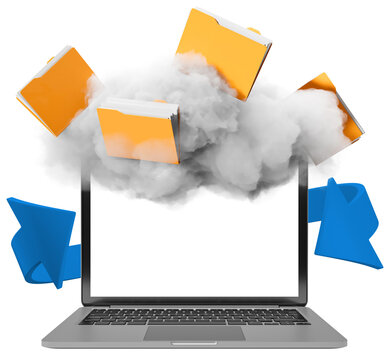 Orange folders flying out of laptop screen through cloud, isolated graphic style on white background, concept of cloud storage and data management