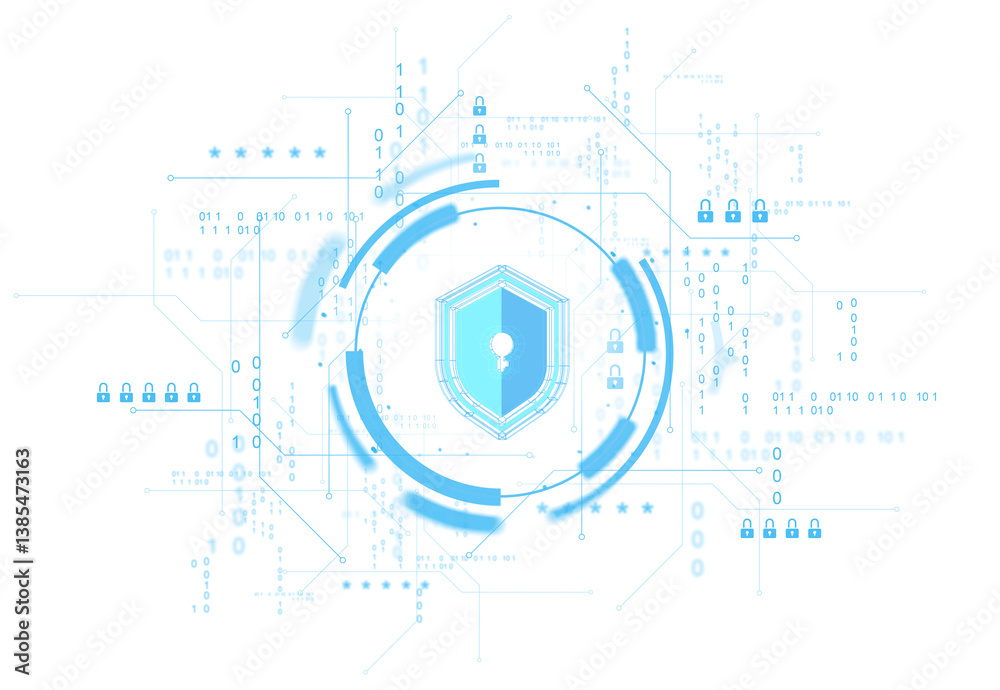 Poster blue digital shield with lock icon surrounded by binary code and circuits, isolated on white backgro