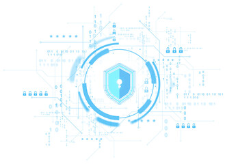 Blue digital shield with lock icon surrounded by binary code and circuits, isolated on white background, symbolizing cybersecurity and data safety