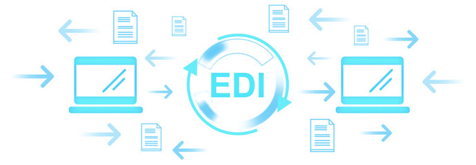 Laptops, digital arrows, and document icons in bright blue gradient style on isolated white background illustrate electronic data interchange concept
