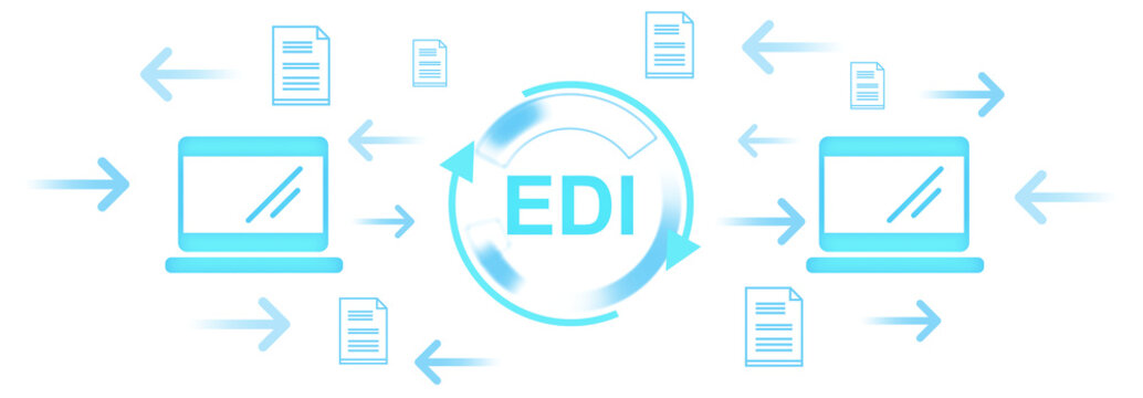Laptops, digital arrows, and document icons in bright blue gradient style on isolated white background illustrate electronic data interchange concept
