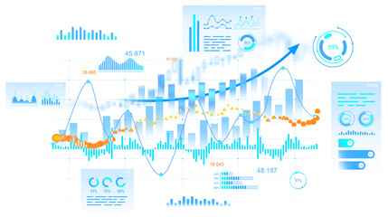 Abstract financial dashboard with colorful charts, graphs, and infographic elements in modern style on white background. Concept of data analytics