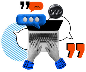 Hands typing on laptop with colorful speech bubbles, quotation marks, and abstract elements on...