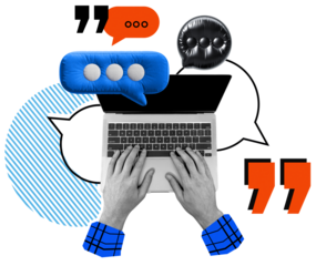 Hands typing on laptop with colorful speech bubbles, quotation marks, and abstract elements on isolated white background, concept of online communication