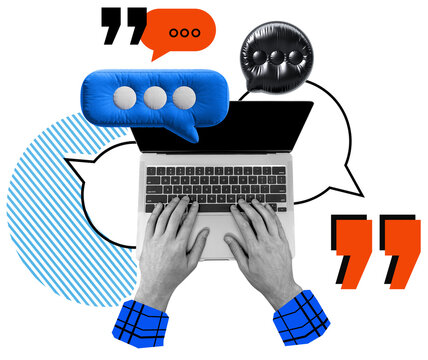 Hands typing on laptop with colorful speech bubbles, quotation marks, and abstract elements on isolated white background, concept of online communication - Powered by Adobe