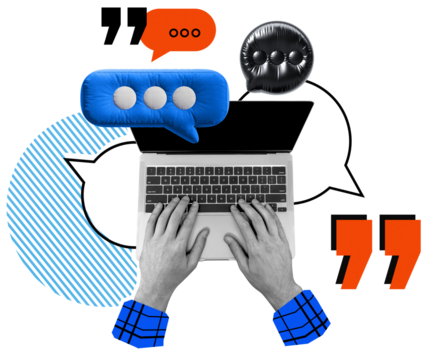 Hands typing on laptop with colorful speech bubbles, quotation marks, and abstract elements on isolated white background, concept of online communication