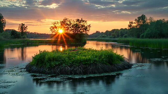 Serene sunset over tranquil lake island, natural beauty, calming scene, perfect for screensavers