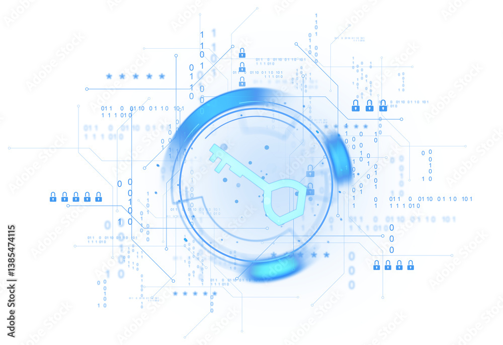 Aufkleber blue digital key icon with padlocks and binary code symbols in a tech interface style, displayed on 