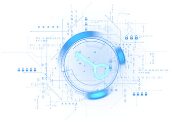 Blue digital key icon with padlocks and binary code symbols in a tech interface style, displayed on a white background, symbolizing cybersecurity concept