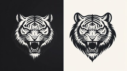 Obraz premium Tiger head graphic design, monochrome style, two variations. Possible use logo, poster, apparel design