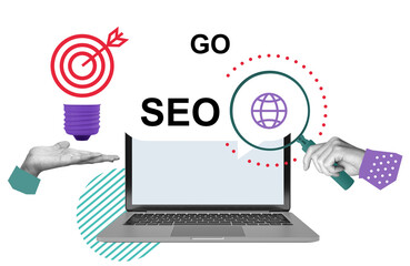Collage showing SEO concept with laptop, target, magnifying glass, and hands in mixed media graphic...