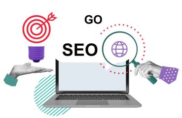 Collage showing SEO concept with laptop, target, magnifying glass, and hands in mixed media graphic style on white background, symbolizing digital strategy