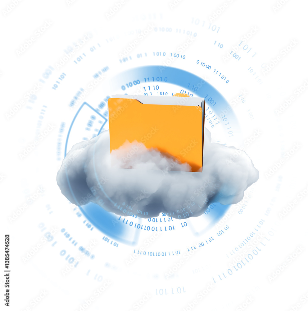 Poster yellow folder on white cloud with digital binary code and tech design in background, symbolizing clo