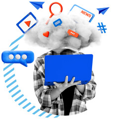 Person holding laptop with cloud replacing head, surrounded by floating social media icons in a modern collage style on white background, concept of digital overload