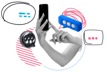 Female hand holding smartphone with stylized chat bubbles and abstract graphic shapes on isolated white background, concept of digital communication