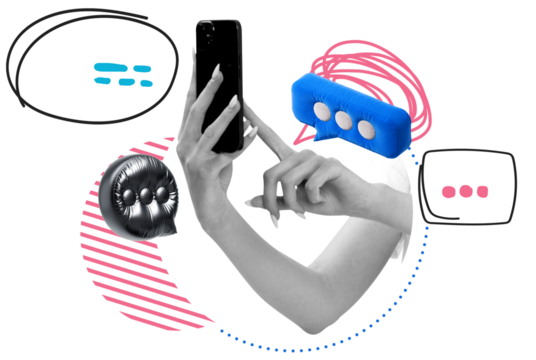 Female hand holding smartphone with stylized chat bubbles and abstract graphic shapes on isolated white background, concept of digital communication