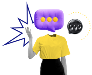 Surreal collage of a person with a purple speech bubble as a head, yellow shirt, and abstract communication icons on white background, concept of messaging