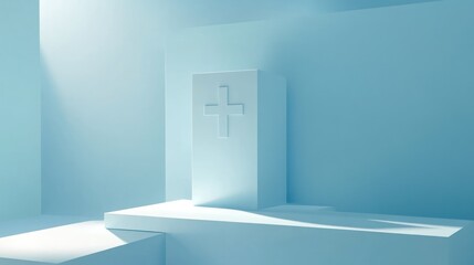 Light-filled, minimalist room with a white cross.  Possible use  Product display, advertising, religion