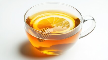 A warm cup of tea with honey and lemon slices. Featuring comfort and relaxation